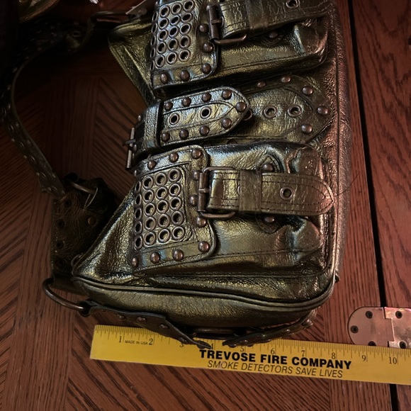 Vintage BETSEY JOHNSON Olive Heavy Metal Studded Satchel Handbag - Picture 13 of 16
